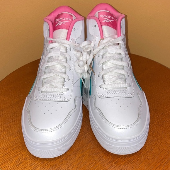Reebok Court Advance Bold High Top White with Pink and Teal Highlights - Picture 3 of 6